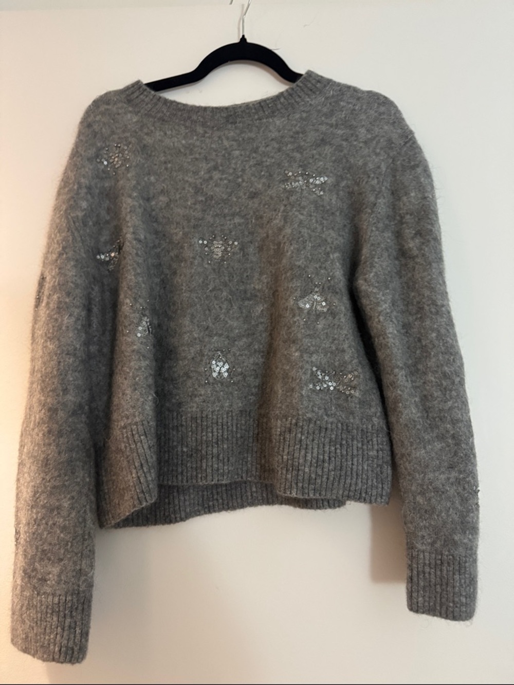 & Other Stories Gray Fuzzy Knit Crewneck with Sequin dragonflies